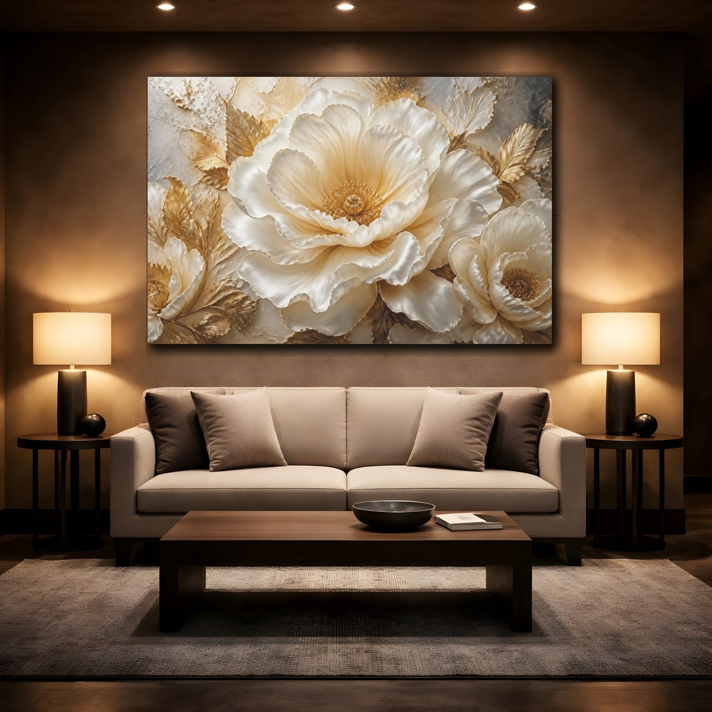 Mockup 2. Cream And Gold Peony shown as canvas print