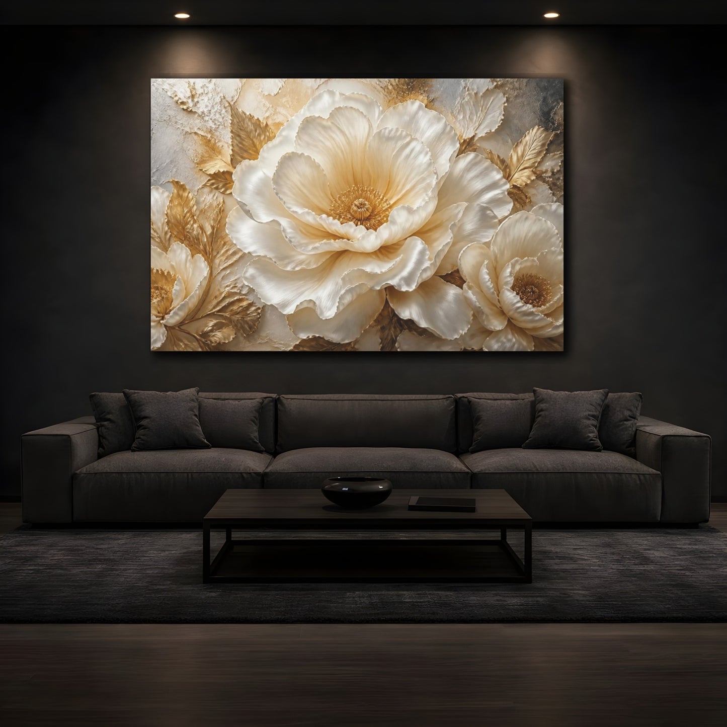 Mockup 3. Cream And Gold Peony shown as canvas print