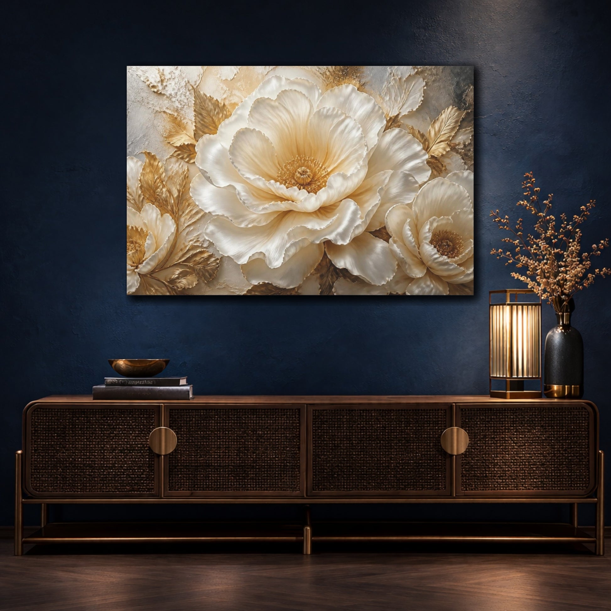 Mockup 4. Cream And Gold Peony shown as canvas print