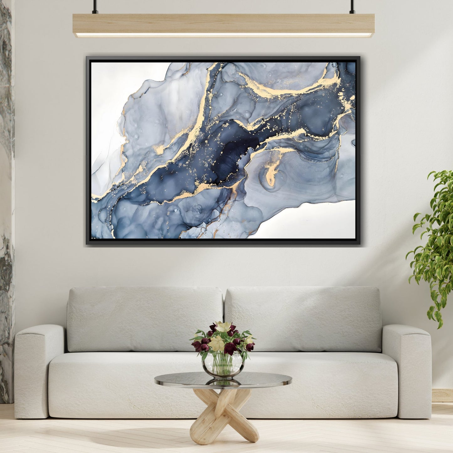 Cream Blue Marble Fashion Canvas Prints - Abstract Luxury Gold Home Wall Art in Black Frame