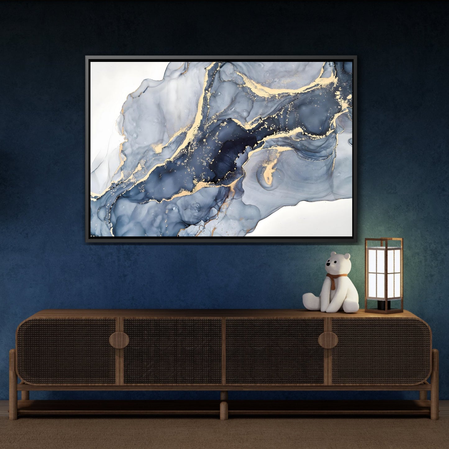 Cream Blue Marble Fashion Canvas Prints - Abstract Luxury Gold Home Wall Art in Black Frame