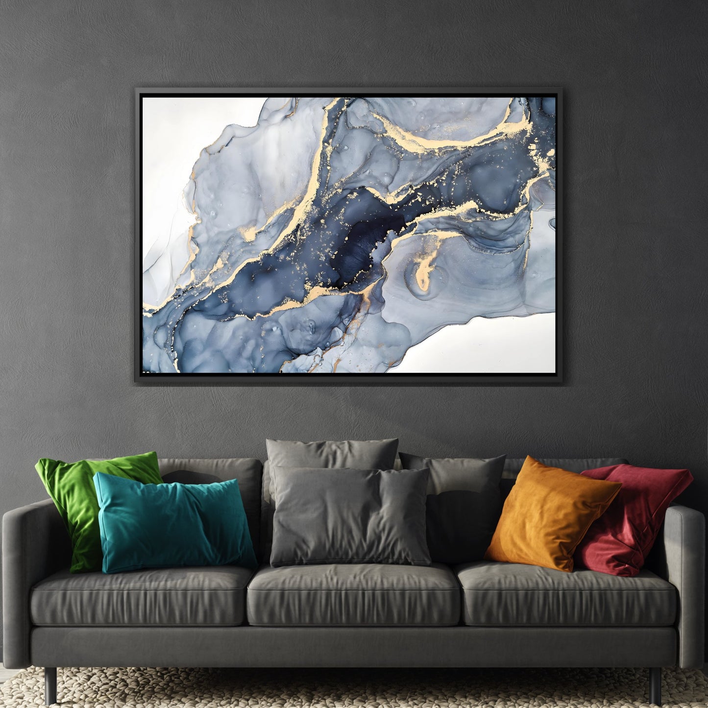 Cream Blue Marble Fashion Canvas Prints - Abstract Luxury Gold Home Wall Art in Black Frame