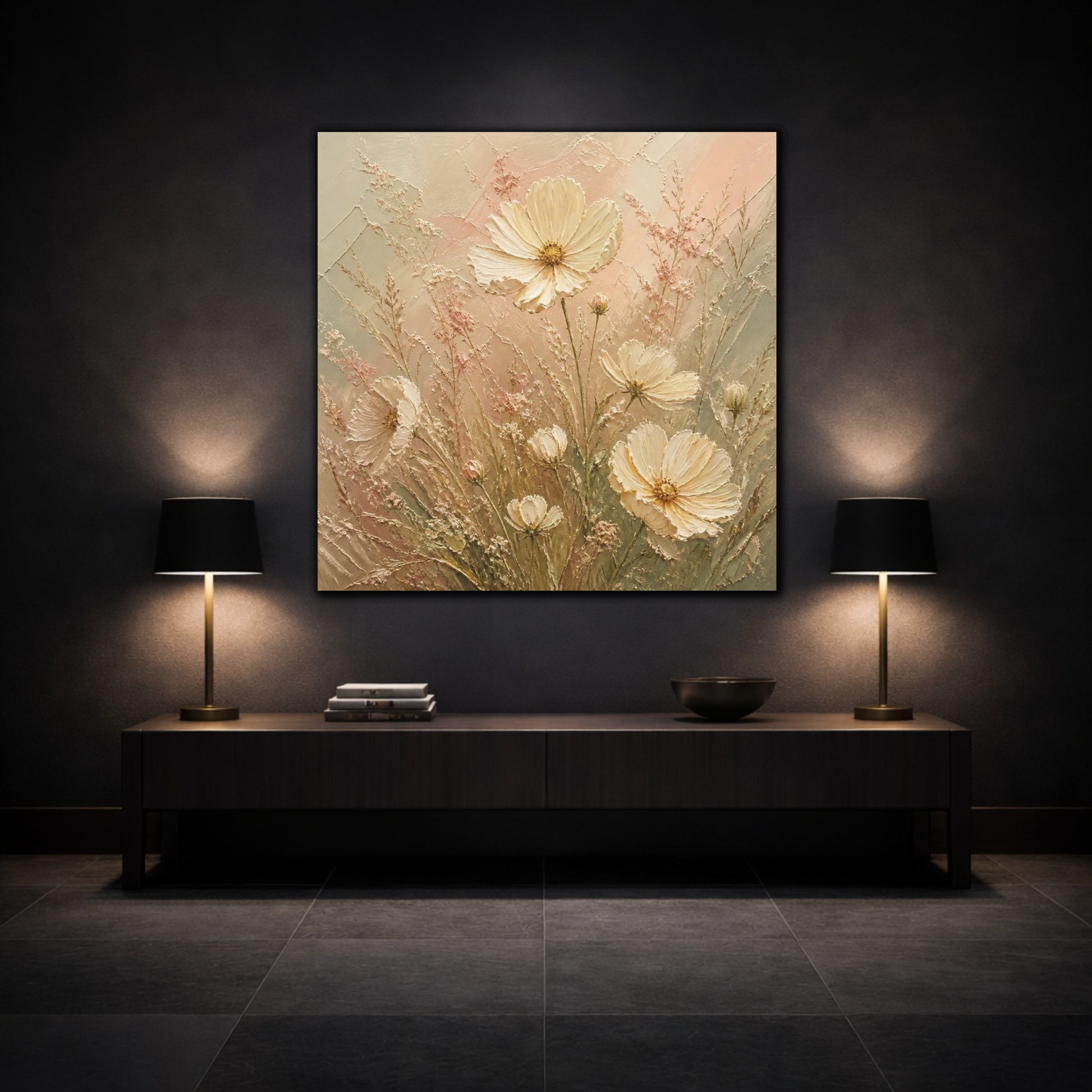 Mockup 3. Cream Cosmos & Airy Grasses shown as canvas print
