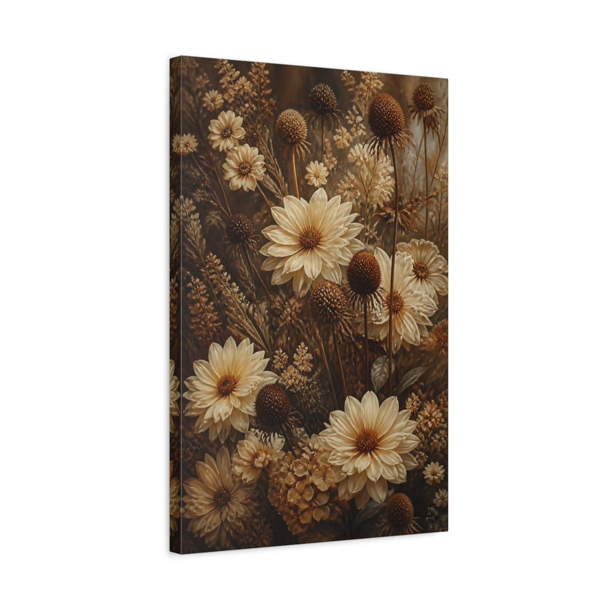 Side Mockup 3. Cream Garden Flowers shown as canvas print