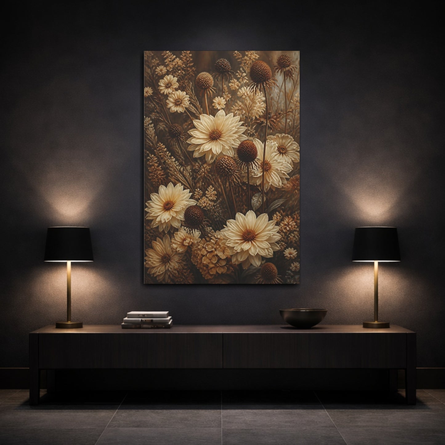 Mockup 3. Cream Garden Flowers shown as canvas print
