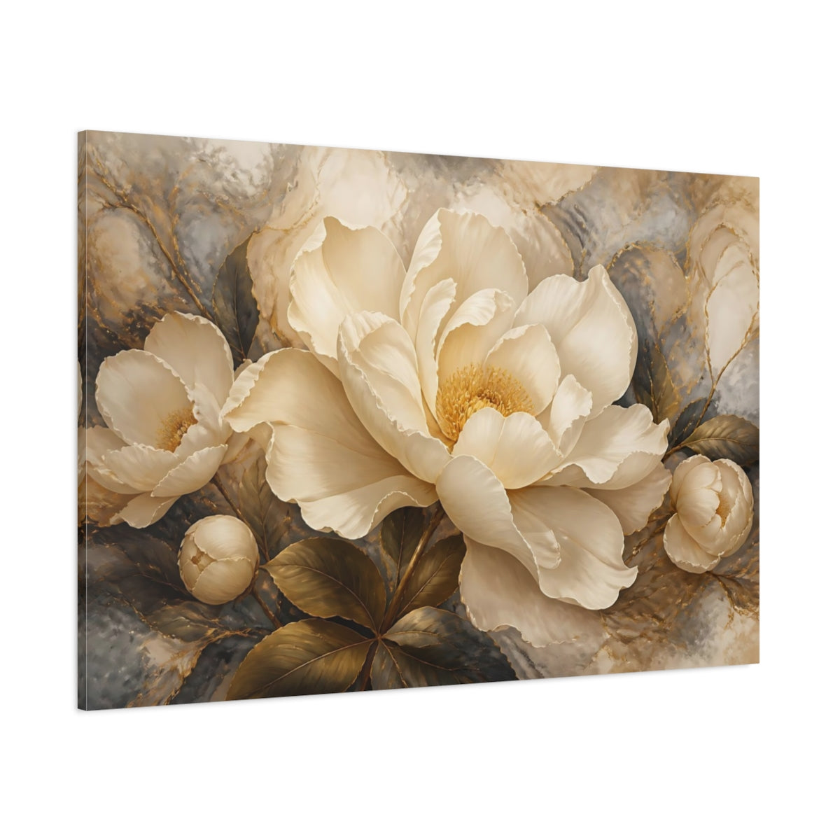 Side Mockup 1. Cream & Gold Peony shown as canvas print