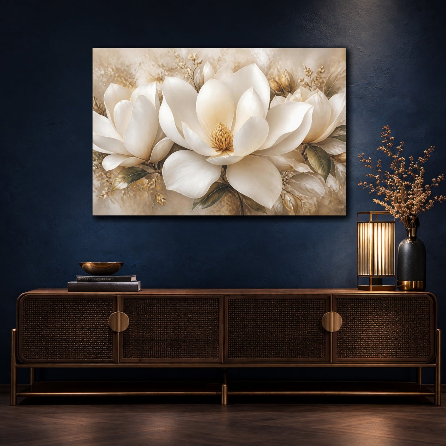 Mockup 4. Cream Magnolia Blossom shown as canvas print