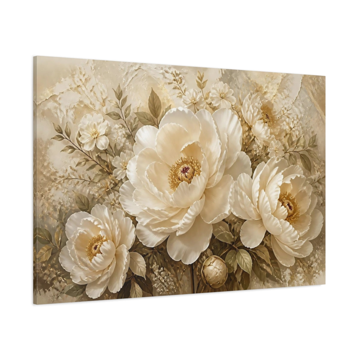 Side Mockup 1. Cream Peony Bouquet shown as canvas print
