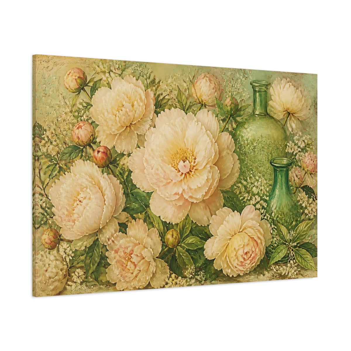 Side Mockup 1. Cream Peony Floral Bouquet shown as canvas print
