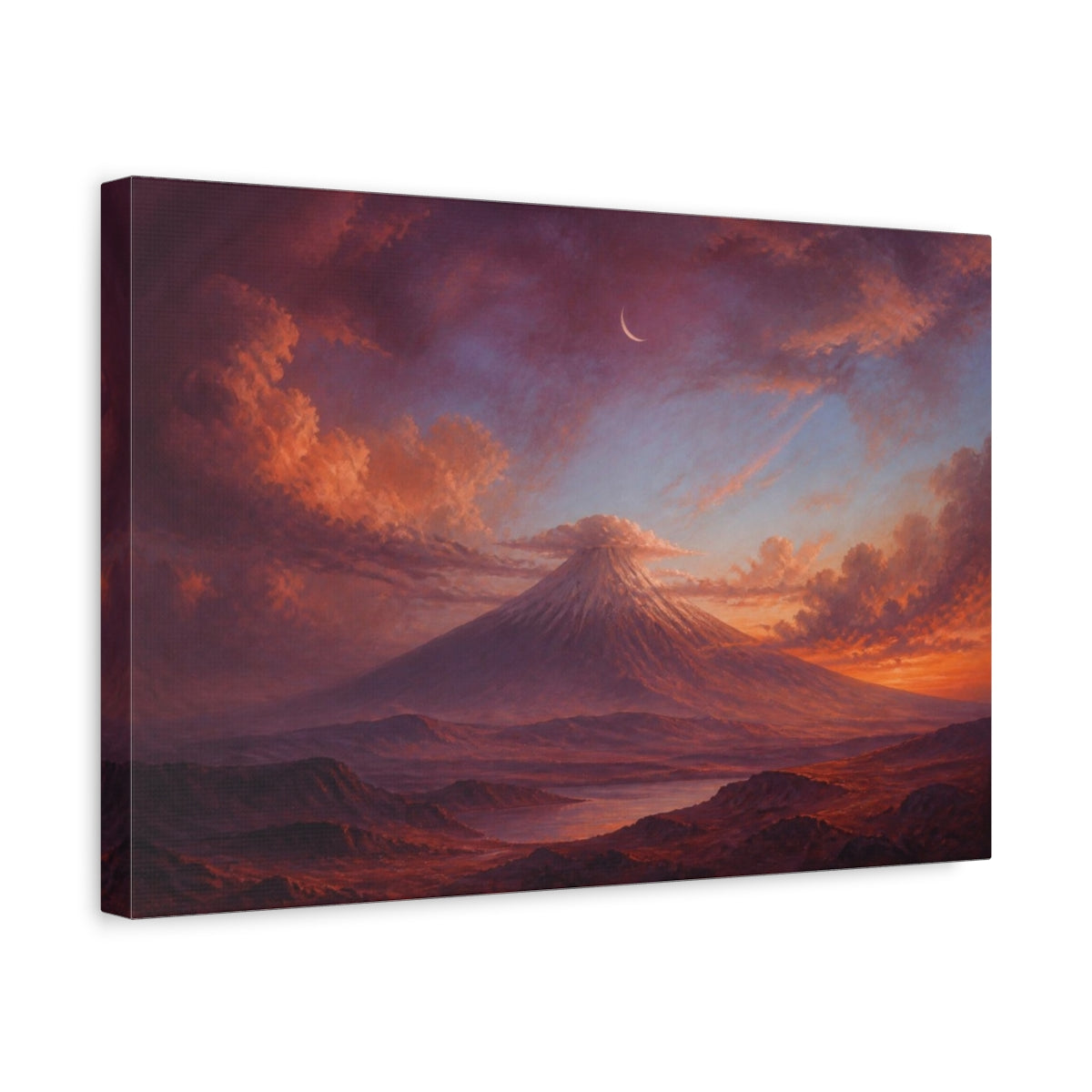 Side Mockup 4. Crescent Over Sleeping Volcano shown as canvas print