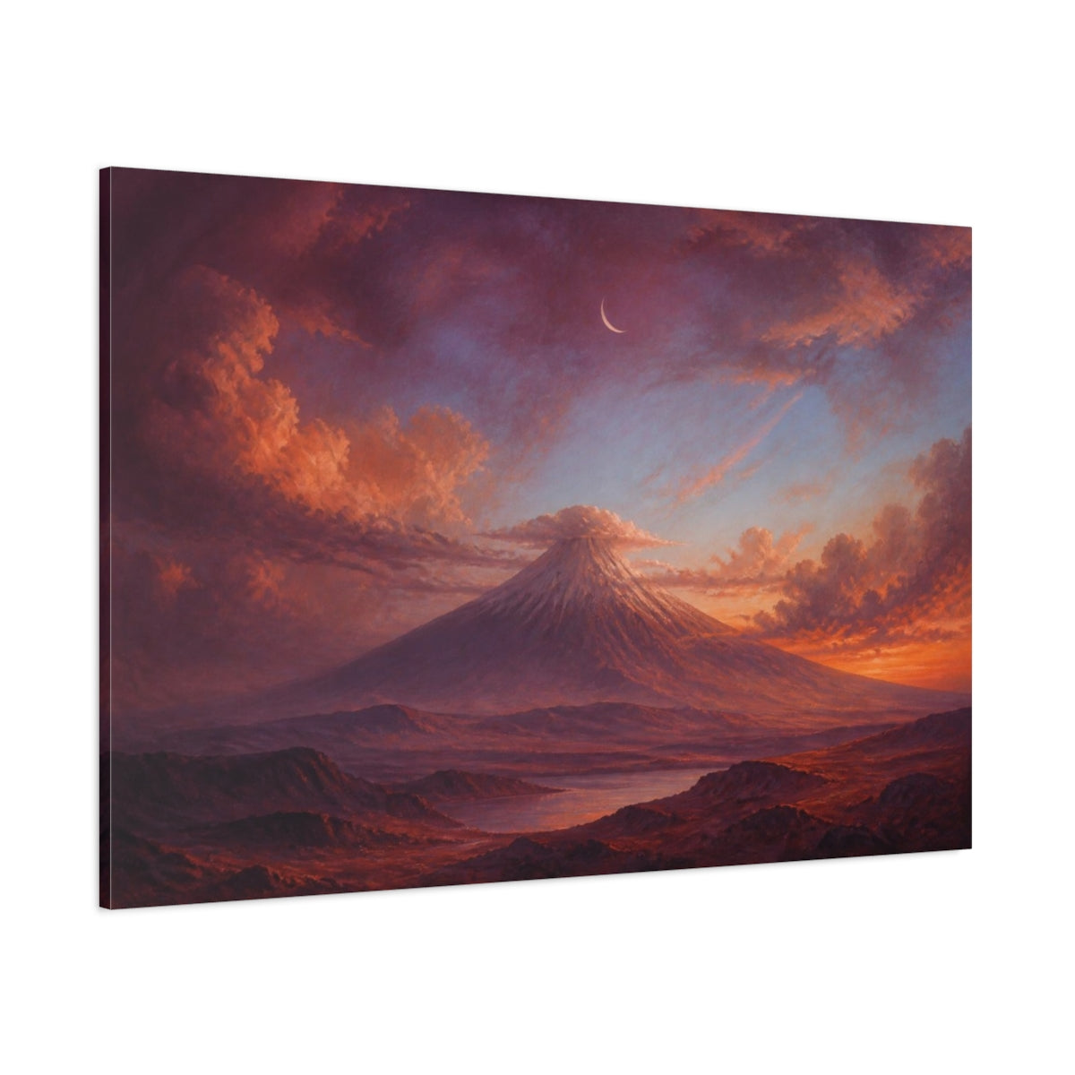 Side Mockup 1. Crescent Over Sleeping Volcano shown as canvas print