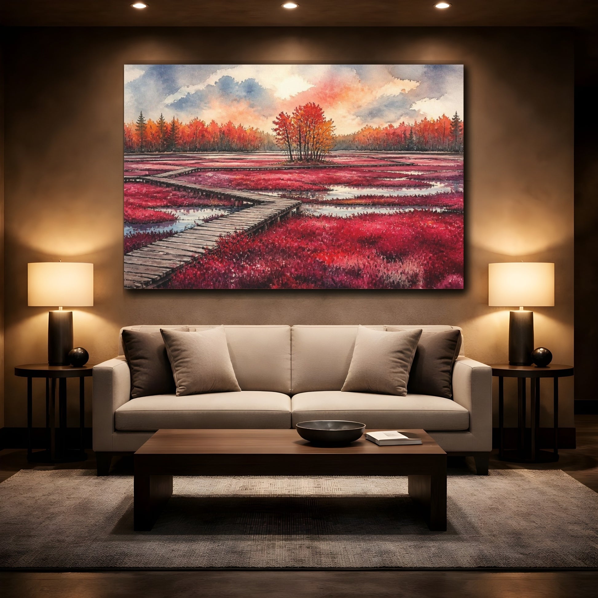 Mockup 2. Crimson Bog Landscape shown as canvas print