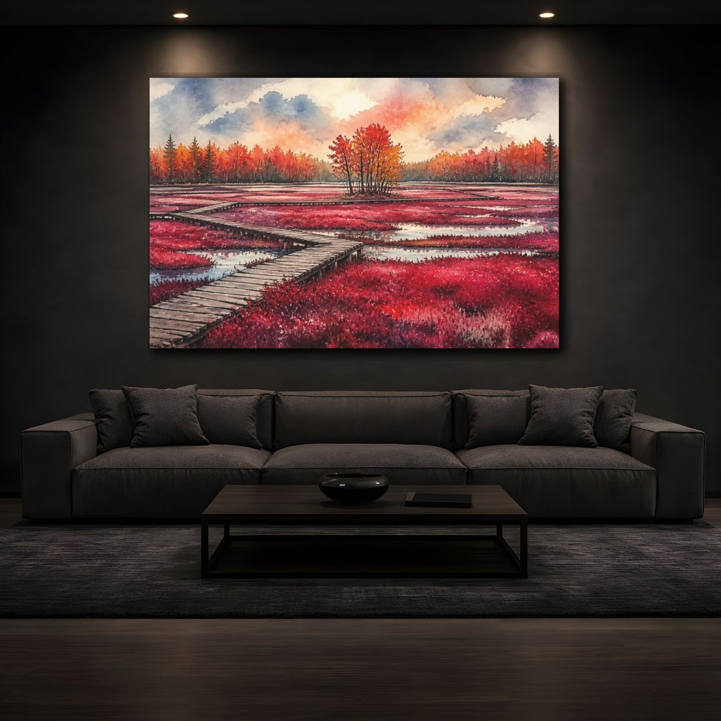 Mockup 3. Crimson Bog Landscape shown as canvas print