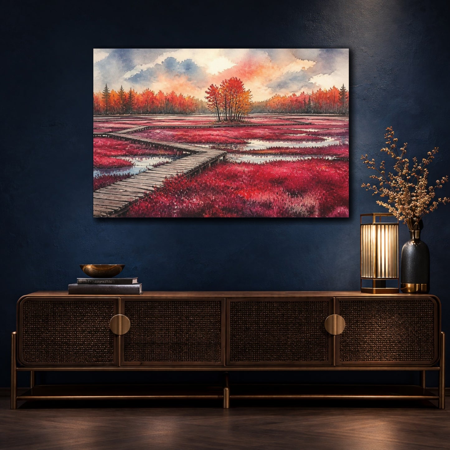 Mockup 4. Crimson Bog Landscape shown as canvas print