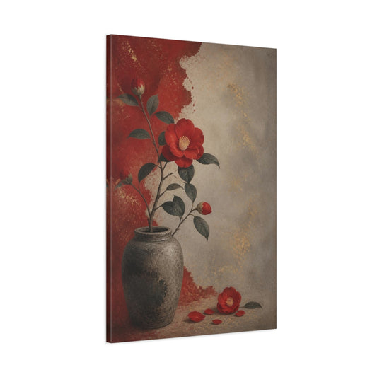 Main Mockup. Crimson Camellia In Vase shown as canvas print