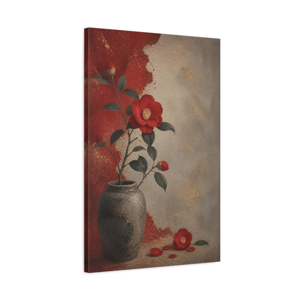 Side Mockup 2. Crimson Camellia In Vase shown as canvas print