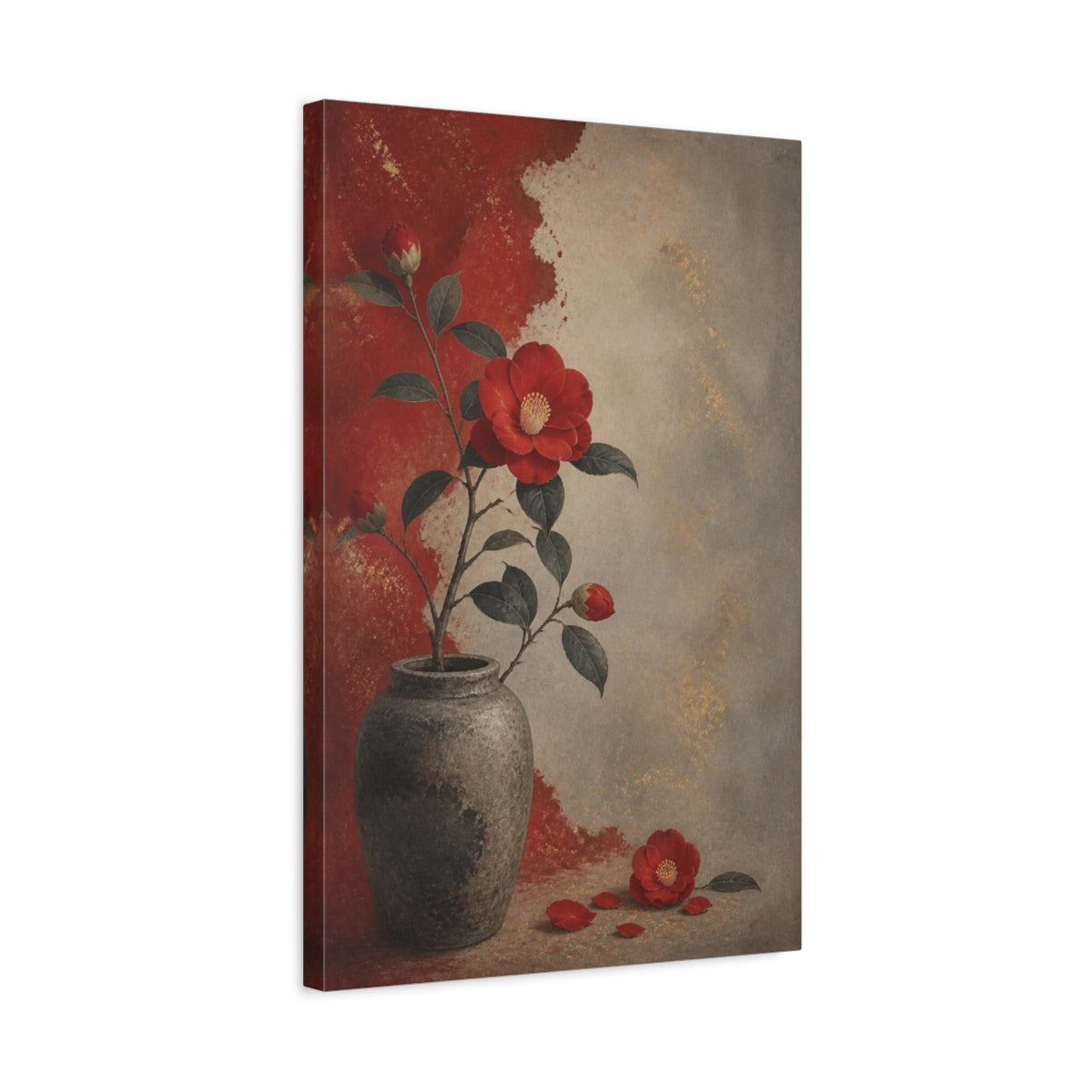 Side Mockup 3. Crimson Camellia In Vase shown as canvas print