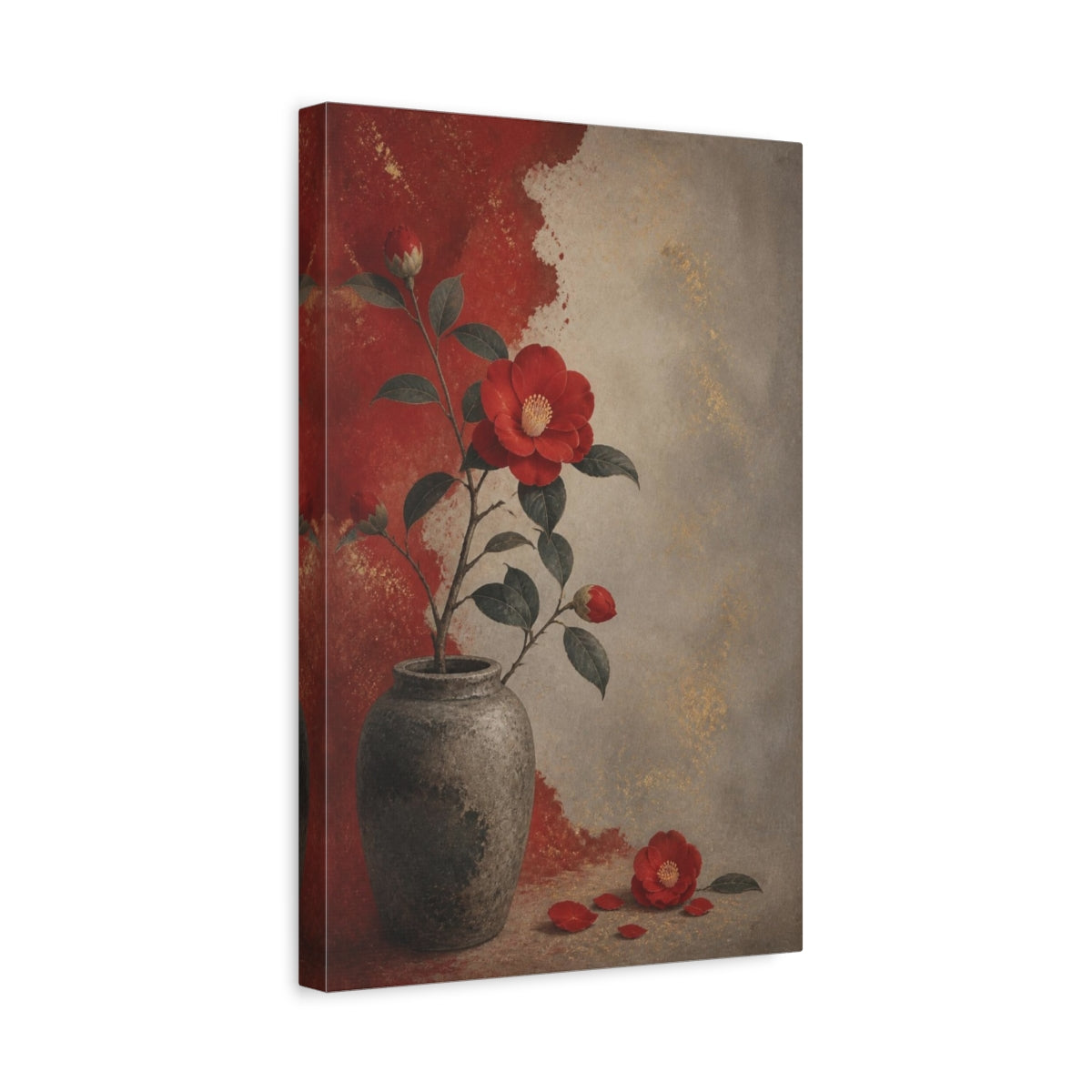 Side Mockup 4. Crimson Camellia In Vase shown as canvas print