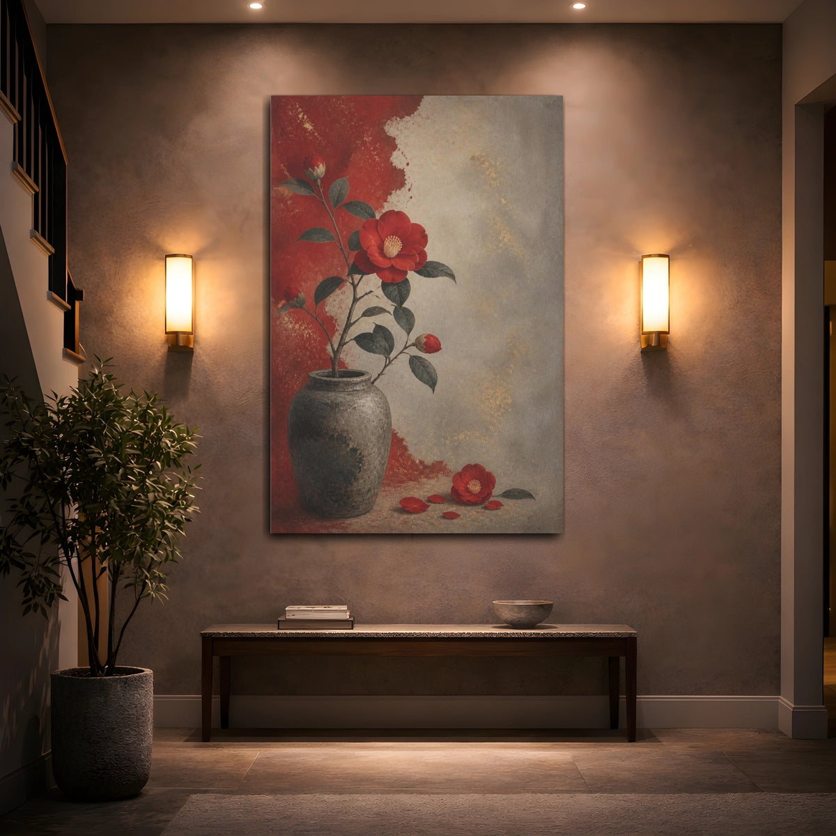Mockup 2. Crimson Camellia In Vase shown as canvas print