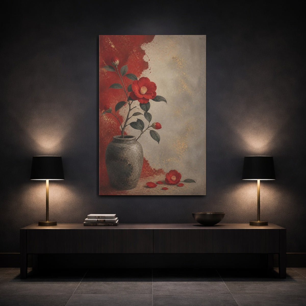 Mockup 3. Crimson Camellia In Vase shown as canvas print