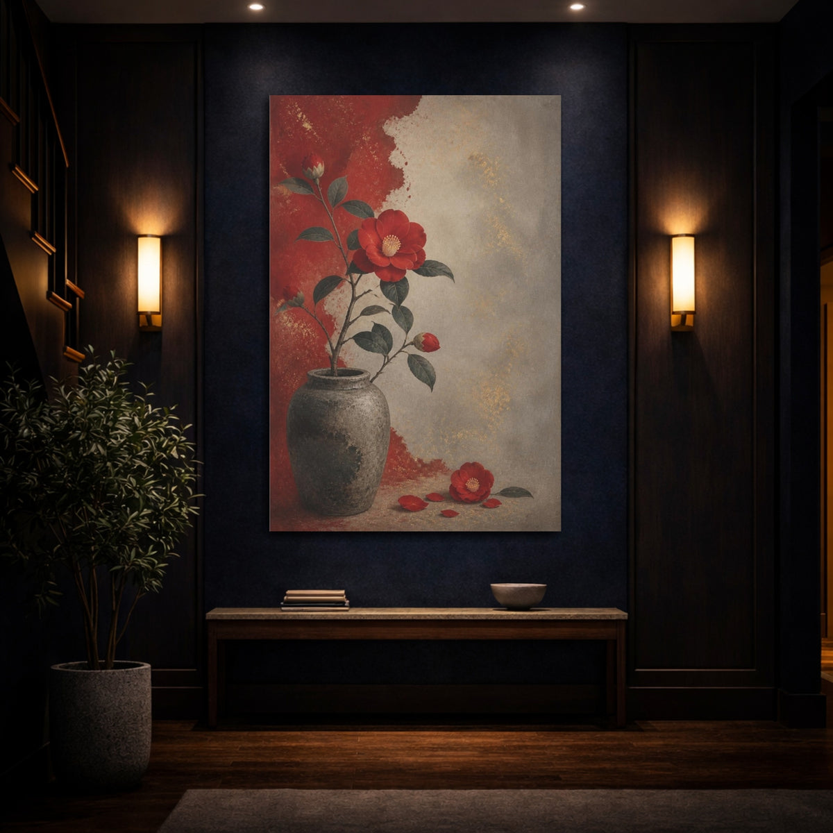 Mockup 4. Crimson Camellia In Vase shown as canvas print