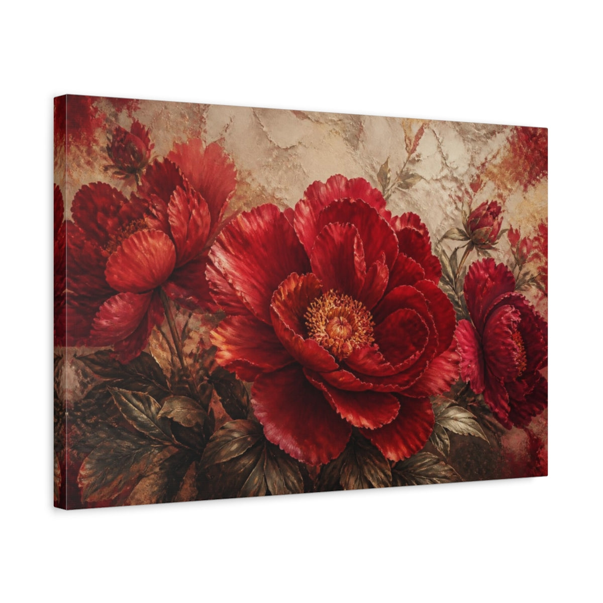 Side Mockup 3. Crimson Floral Peony shown as canvas print