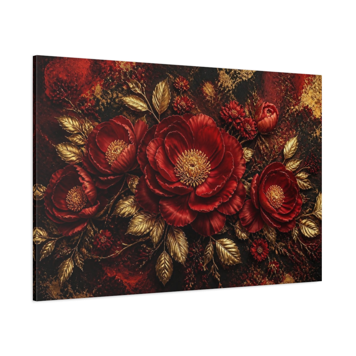 Side Mockup 1. Crimson Floral Peony shown as canvas print