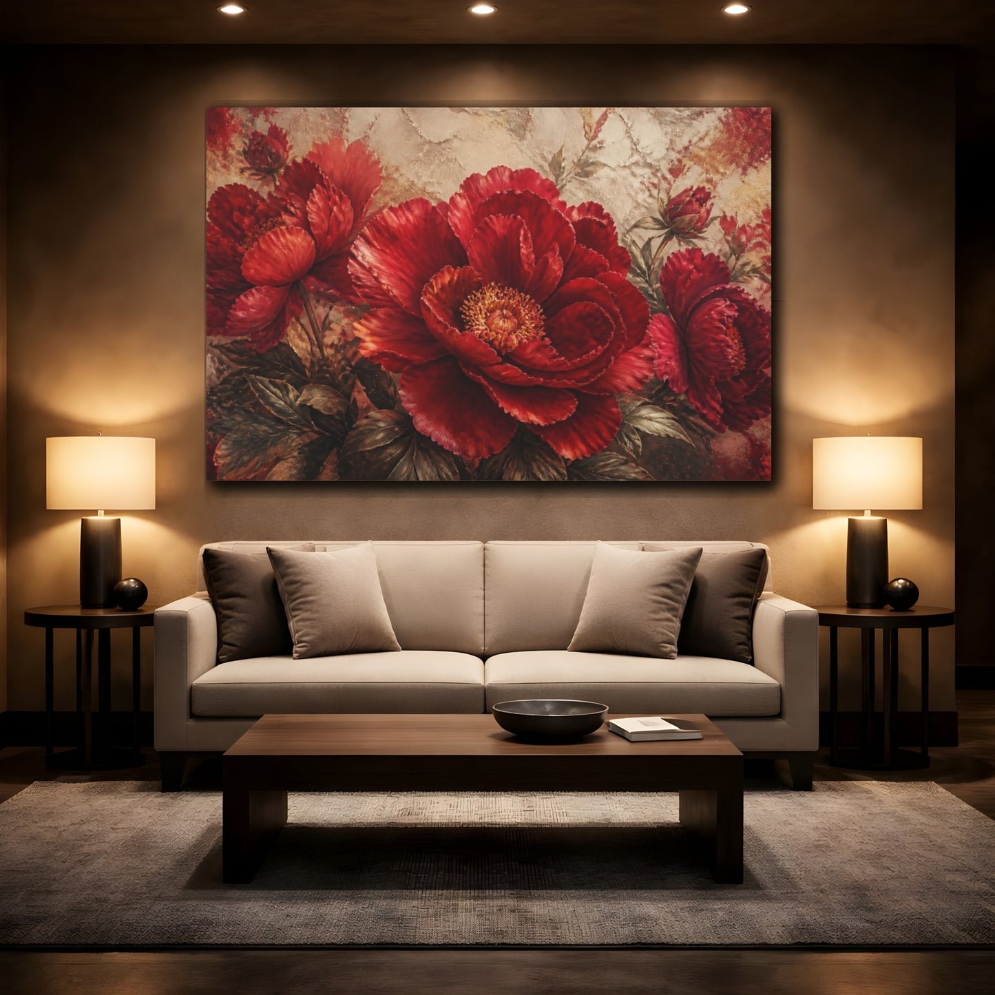 Mockup 2. Crimson Floral Peony shown as canvas print