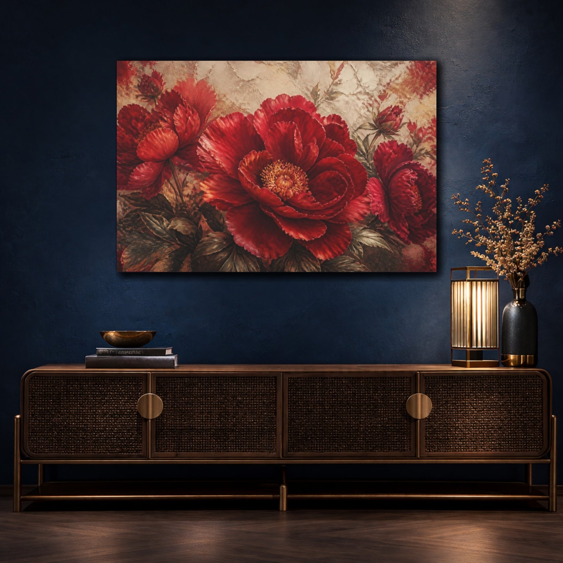 Mockup 4. Crimson Floral Peony shown as canvas print