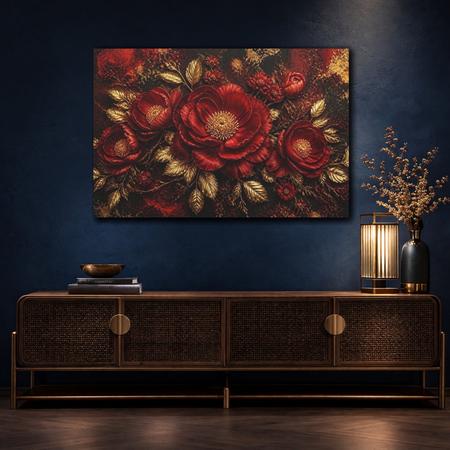 Mockup 4. Crimson Floral Peony shown as canvas print