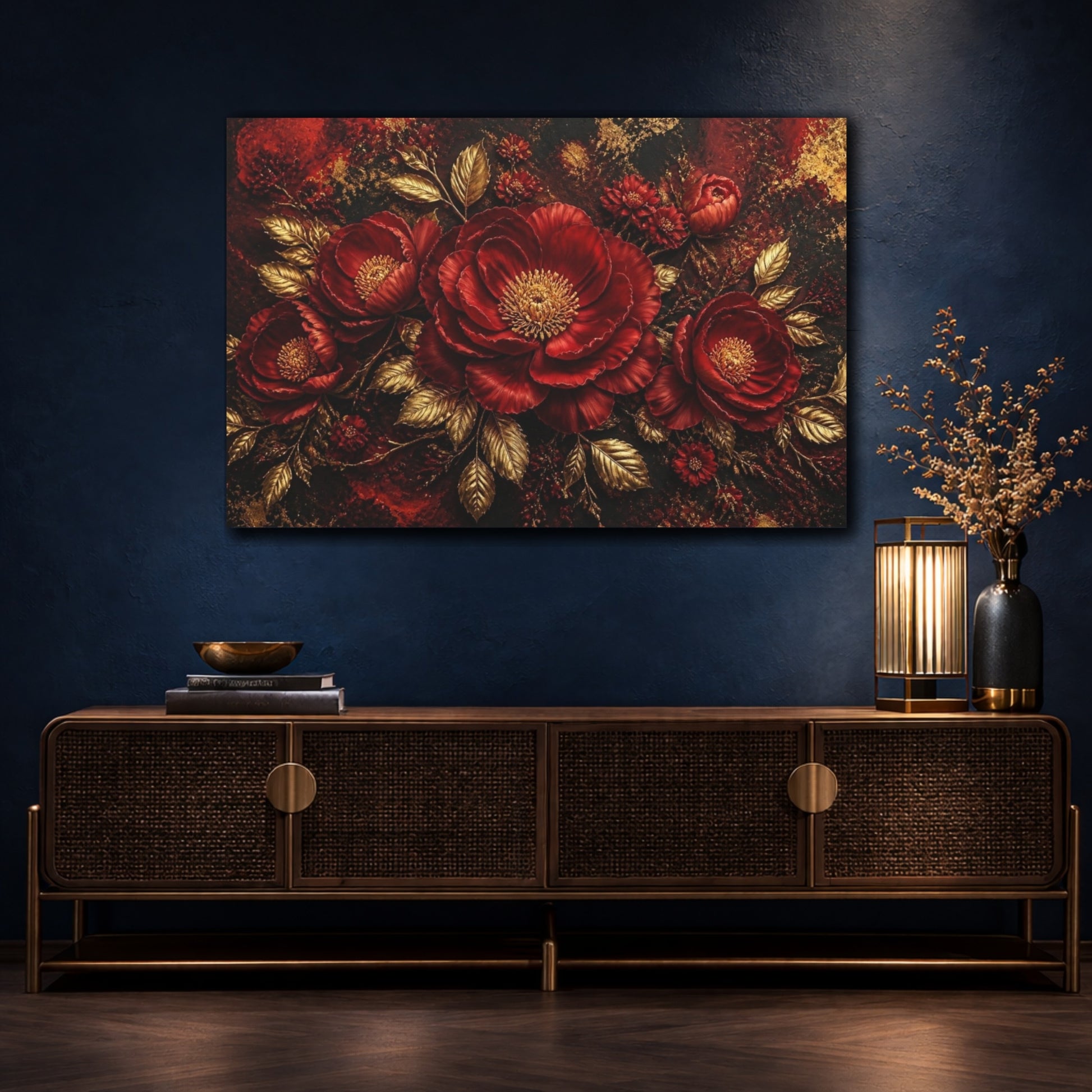 Mockup 4. Crimson Floral Peony shown as canvas print