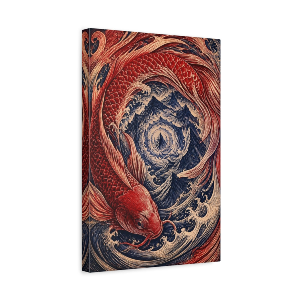 Side Mockup 4. Crimson Koi Vortex shown as canvas print