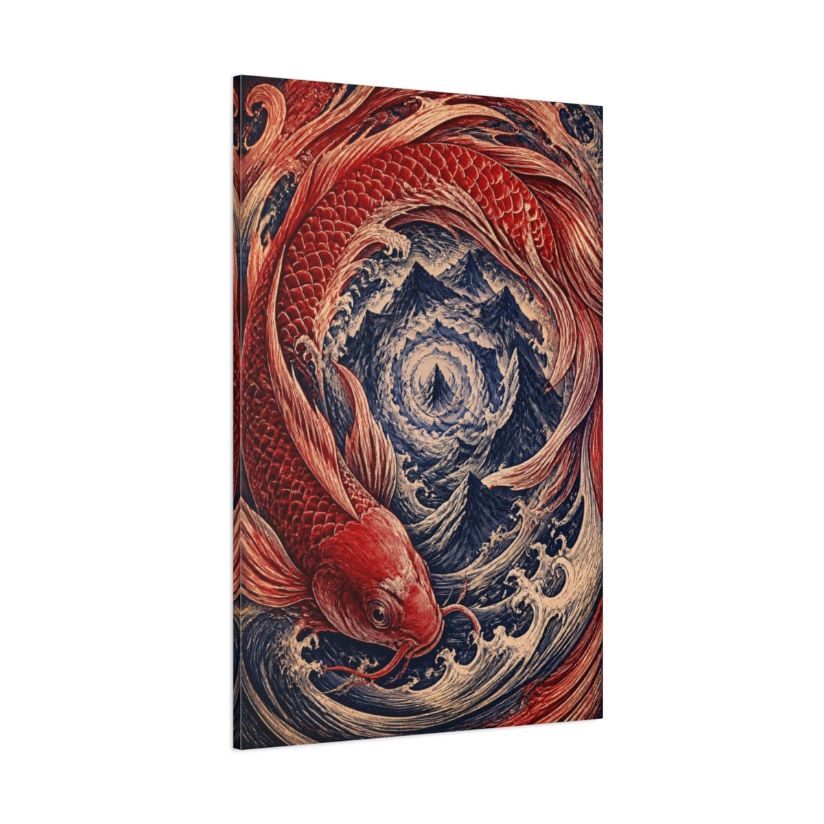 Side Mockup 1. Crimson Koi Vortex shown as canvas print