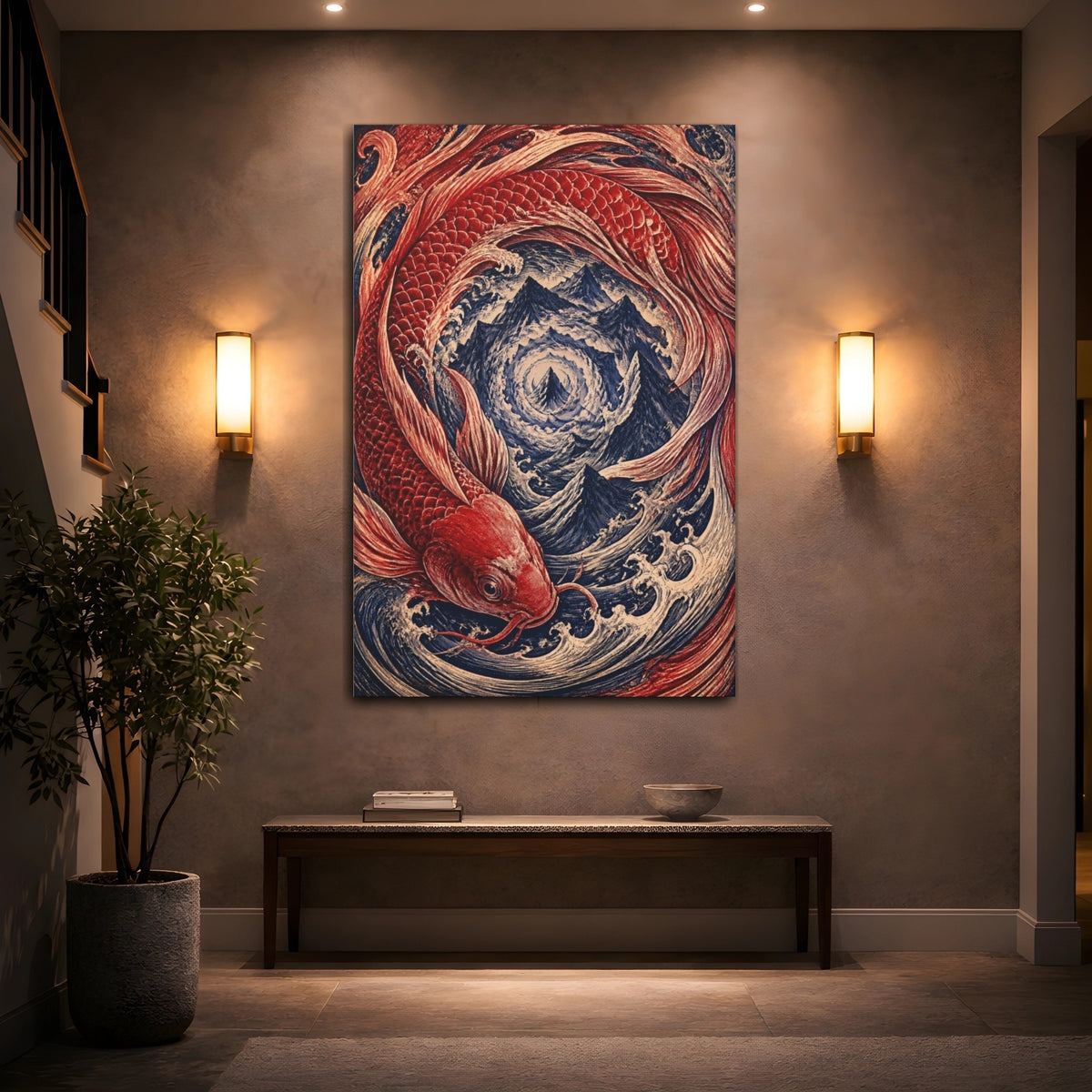 Mockup 2. Crimson Koi Vortex shown as canvas print