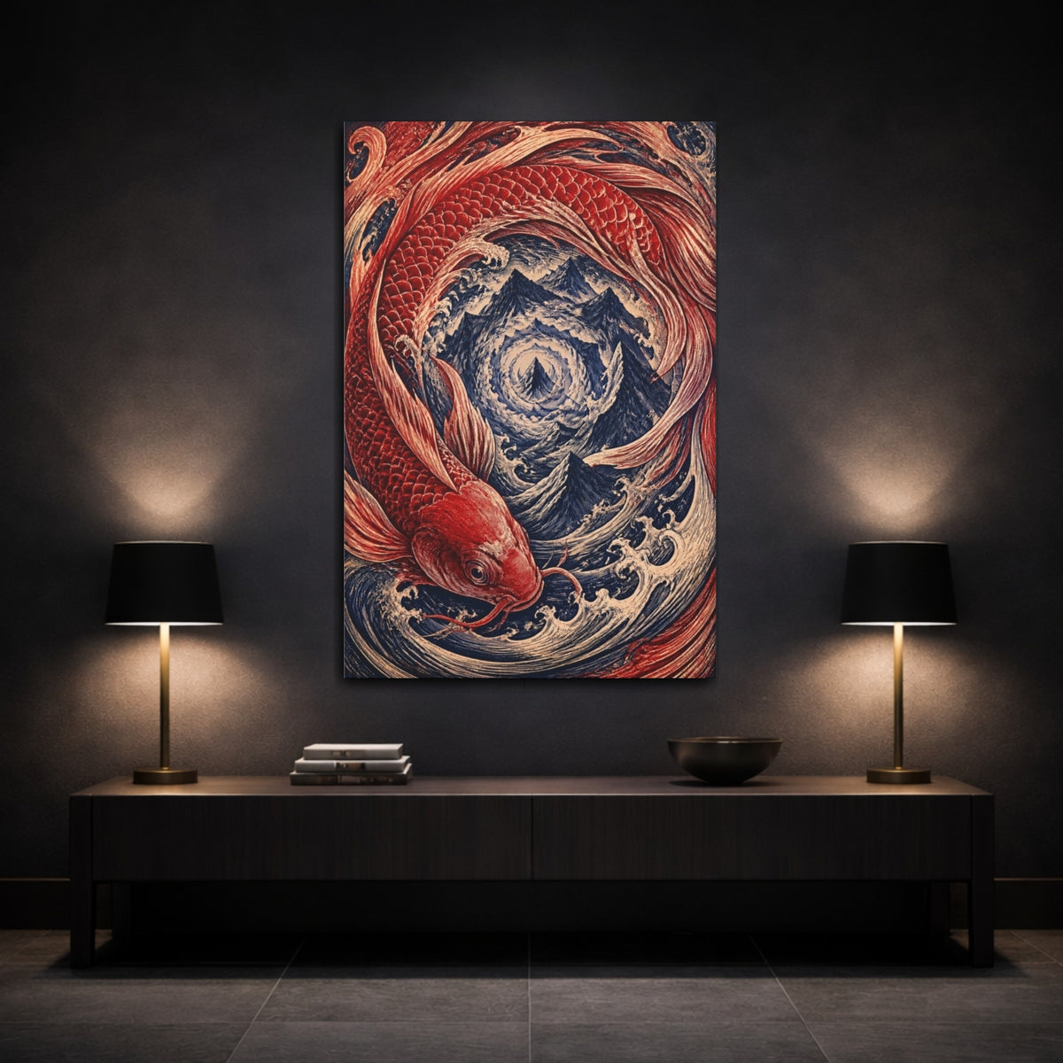 Mockup 3. Crimson Koi Vortex shown as canvas print