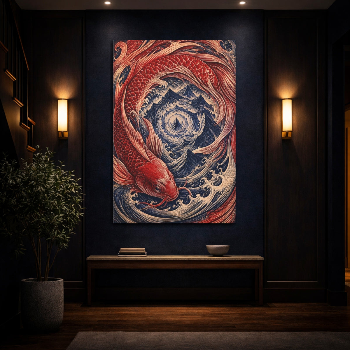 Mockup 4. Crimson Koi Vortex shown as canvas print
