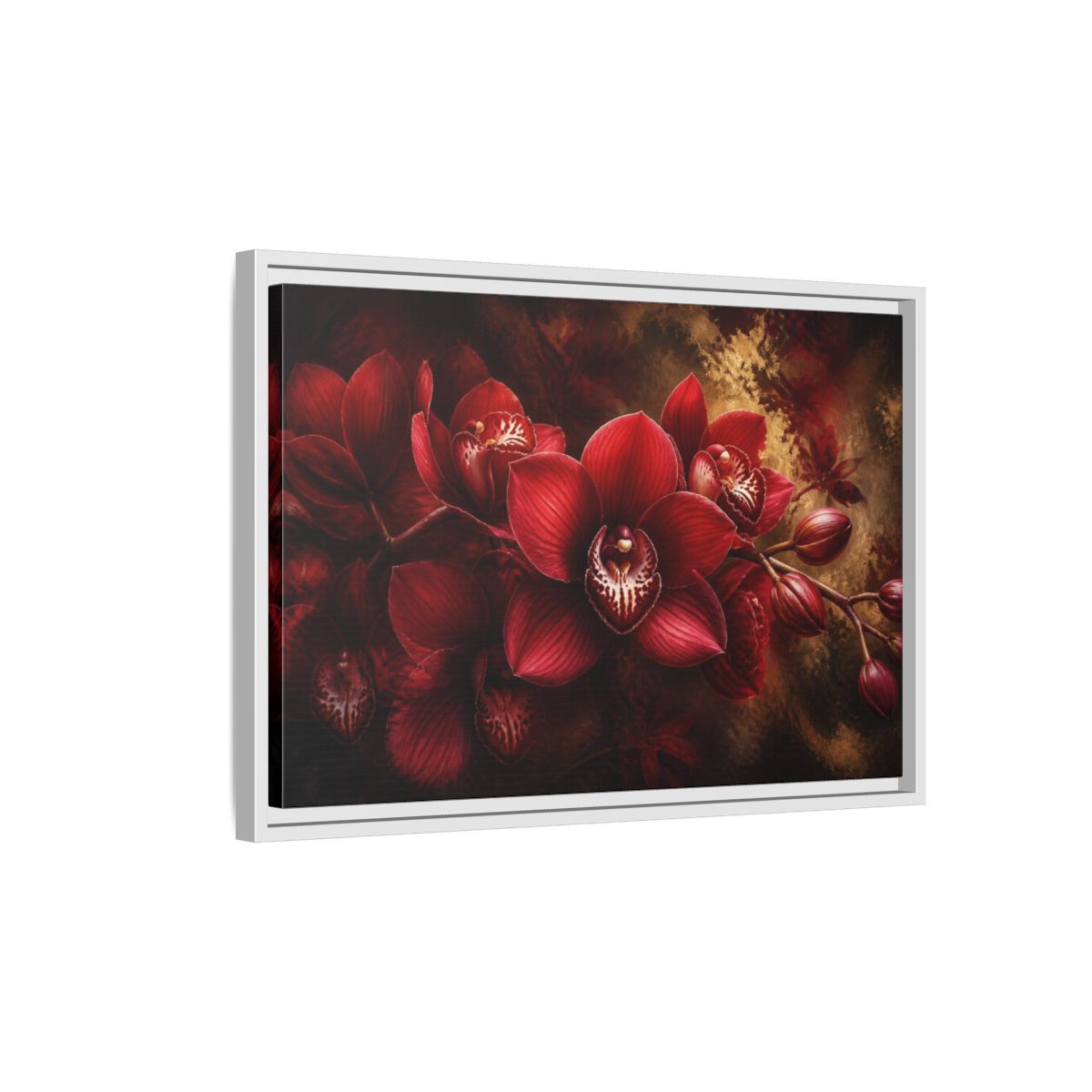 Side Mockup 1. Crimson Orchid Floral Study shown as framed canvas print