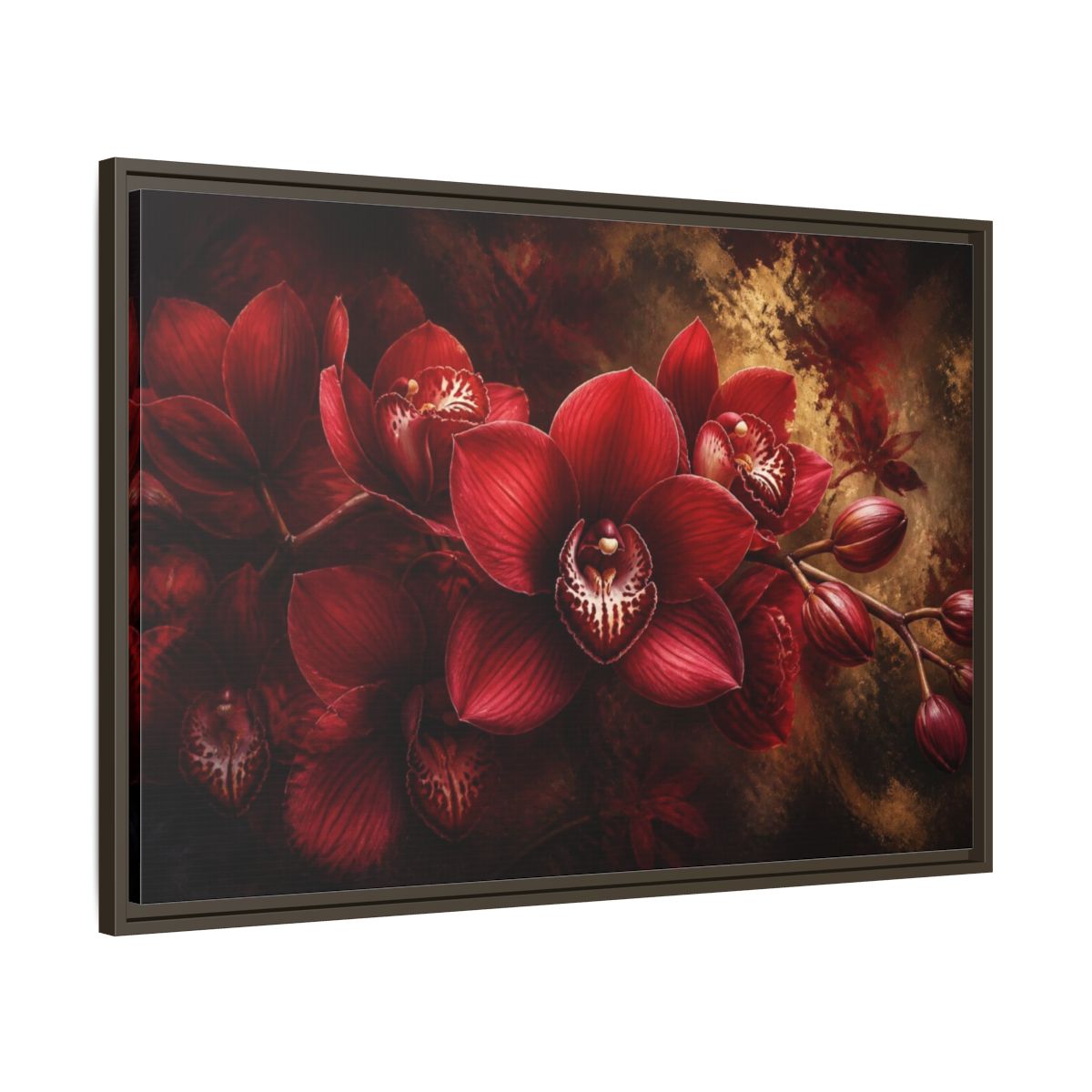 Main Mockup. Crimson Orchid Floral Study shown as framed canvas print