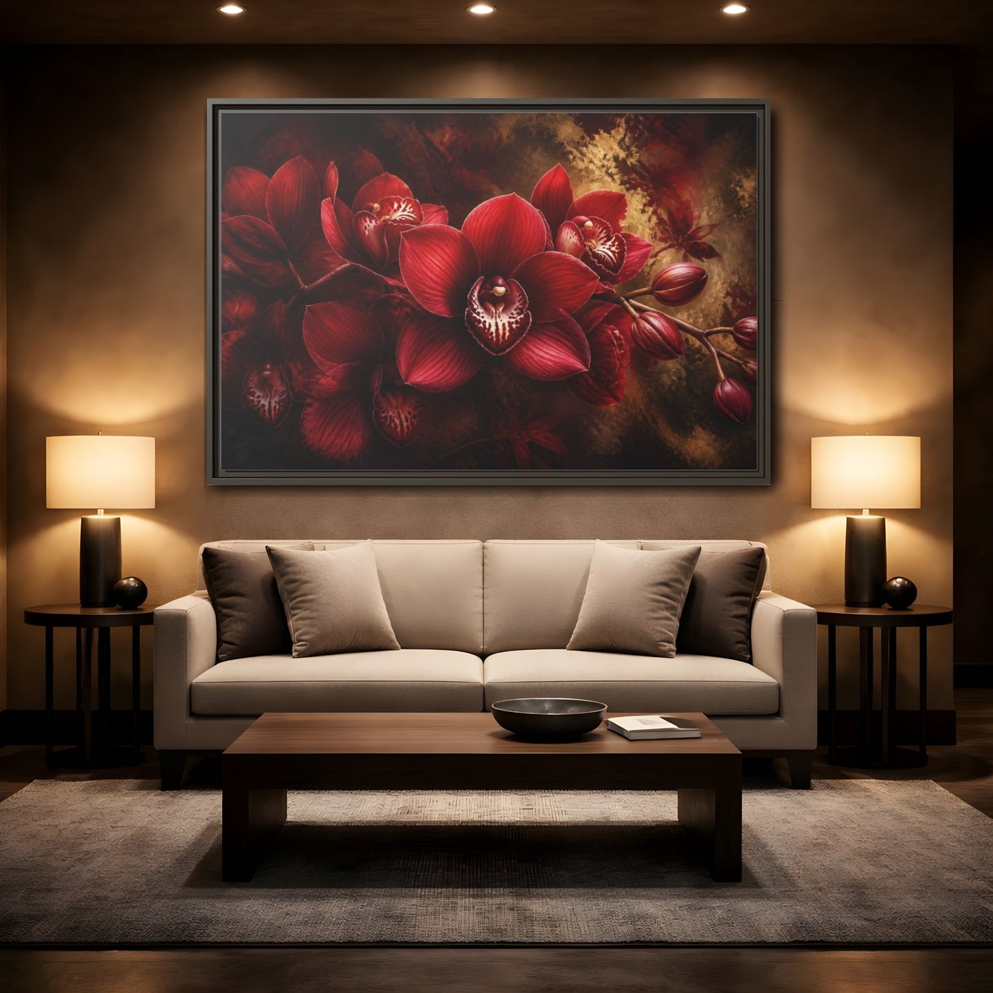 Mockup 2. Crimson Orchid Floral Study shown as framed canvas print