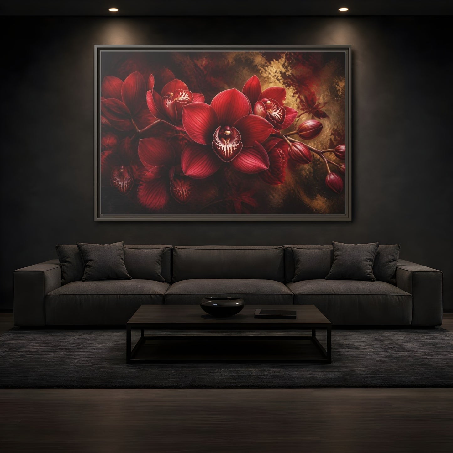 Mockup 3. Crimson Orchid Floral Study shown as framed canvas print