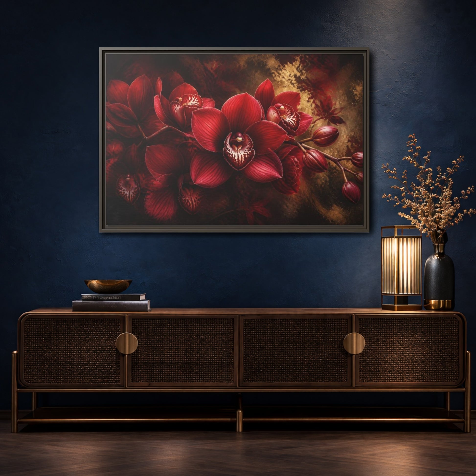 Mockup 4. Crimson Orchid Floral Study shown as framed canvas print