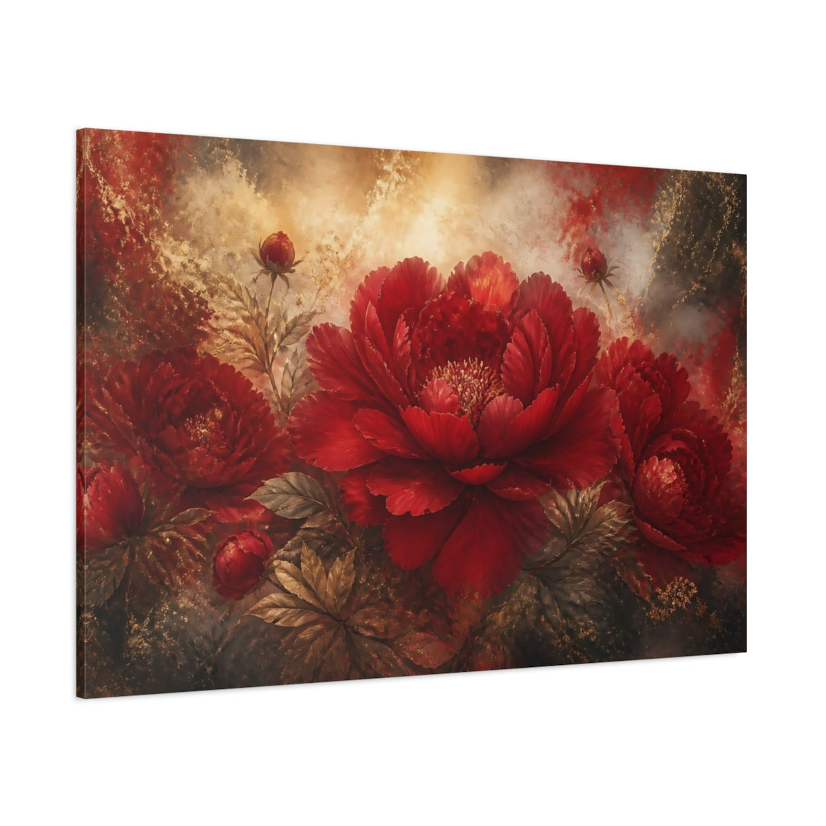 Side Mockup 1. Crimson Peony Elegance shown as canvas print