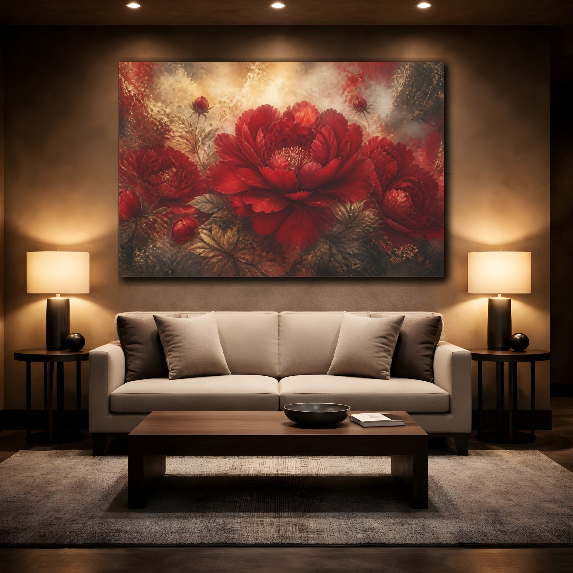 Mockup 2. Crimson Peony Elegance shown as canvas print