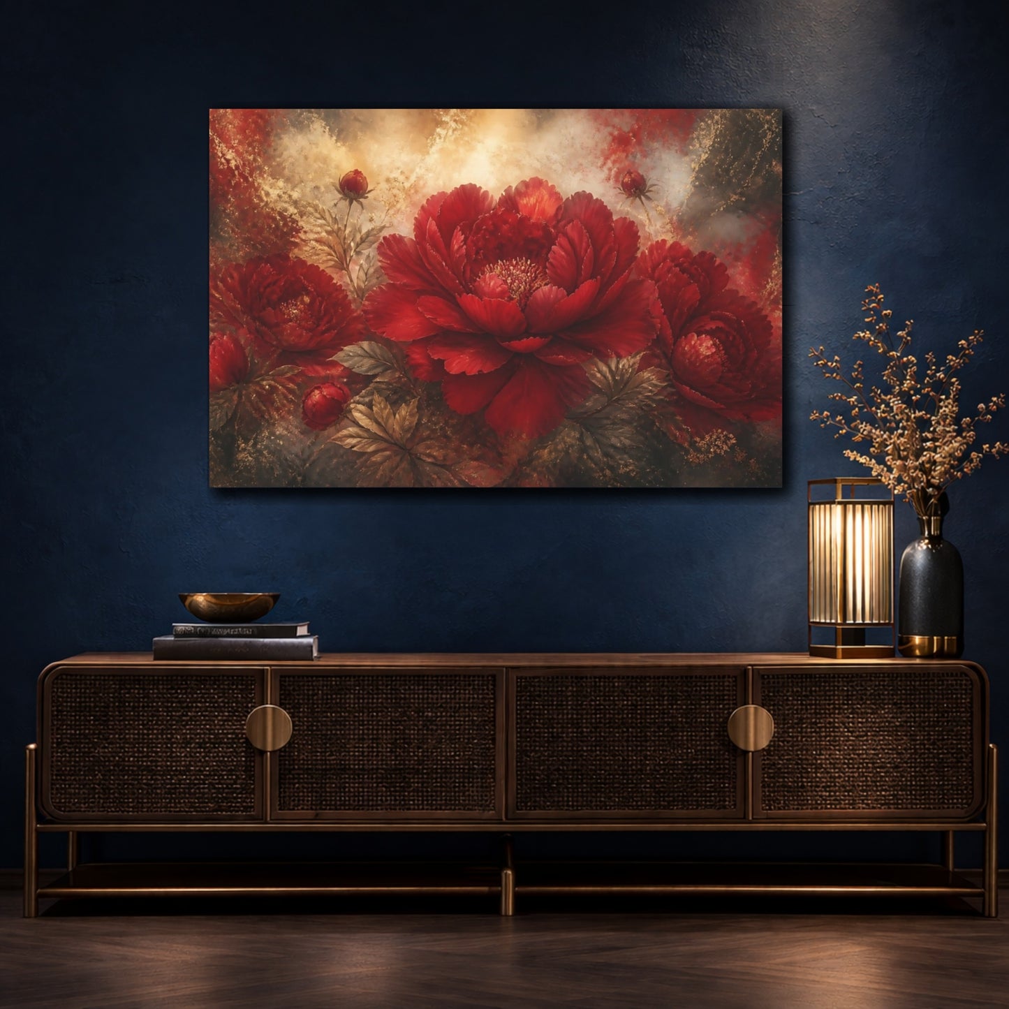 Mockup 4. Crimson Peony Elegance shown as canvas print