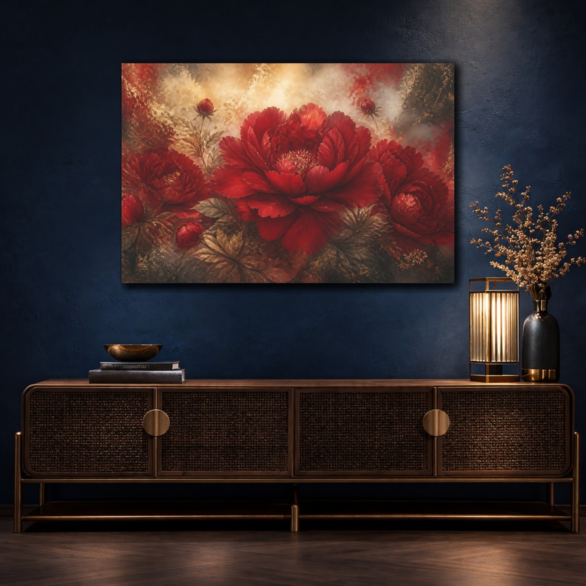 Mockup 4. Crimson Peony Elegance shown as canvas print