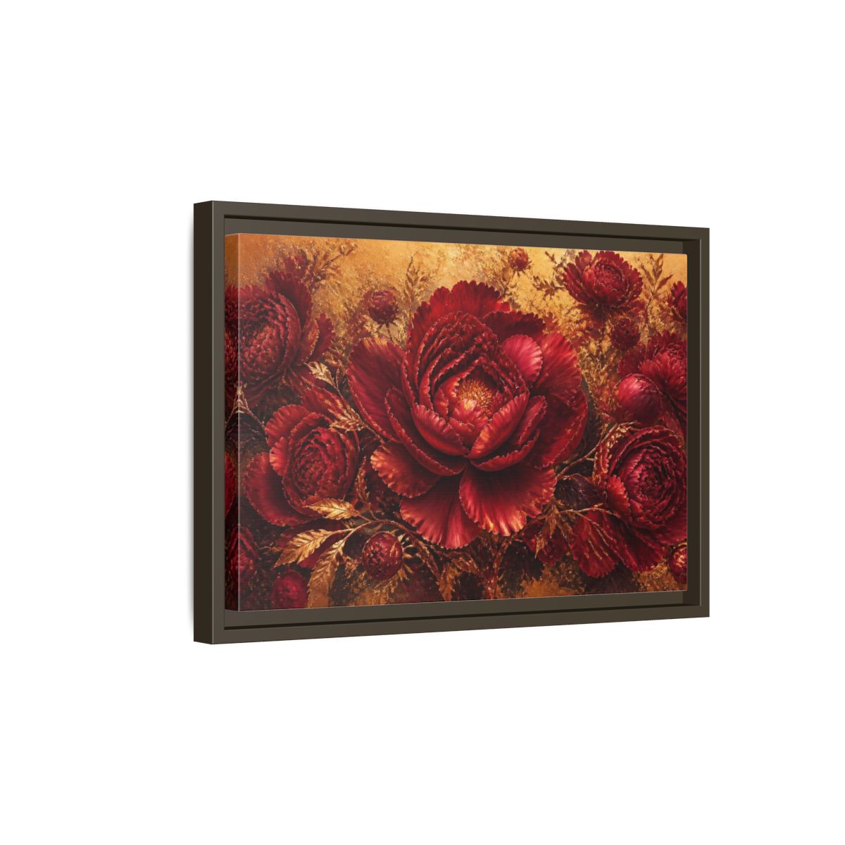 Side Mockup 5. Crimson Peony Floral Bloom shown as framed canvas print