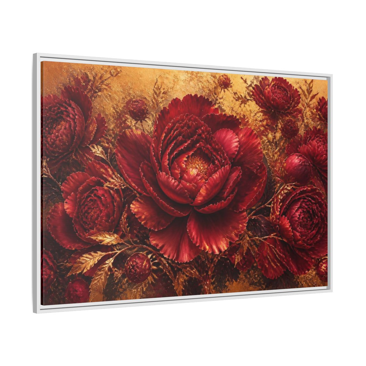 Side Mockup 7. Crimson Peony Floral Bloom shown as framed canvas print