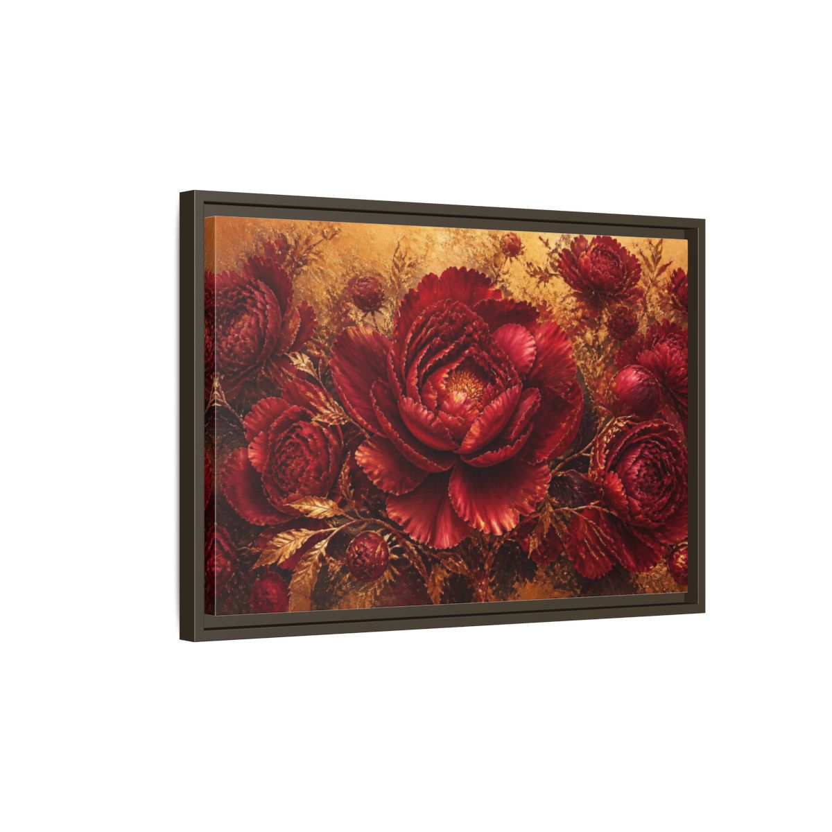 Side Mockup 2. Crimson Peony Floral Bloom shown as framed canvas print