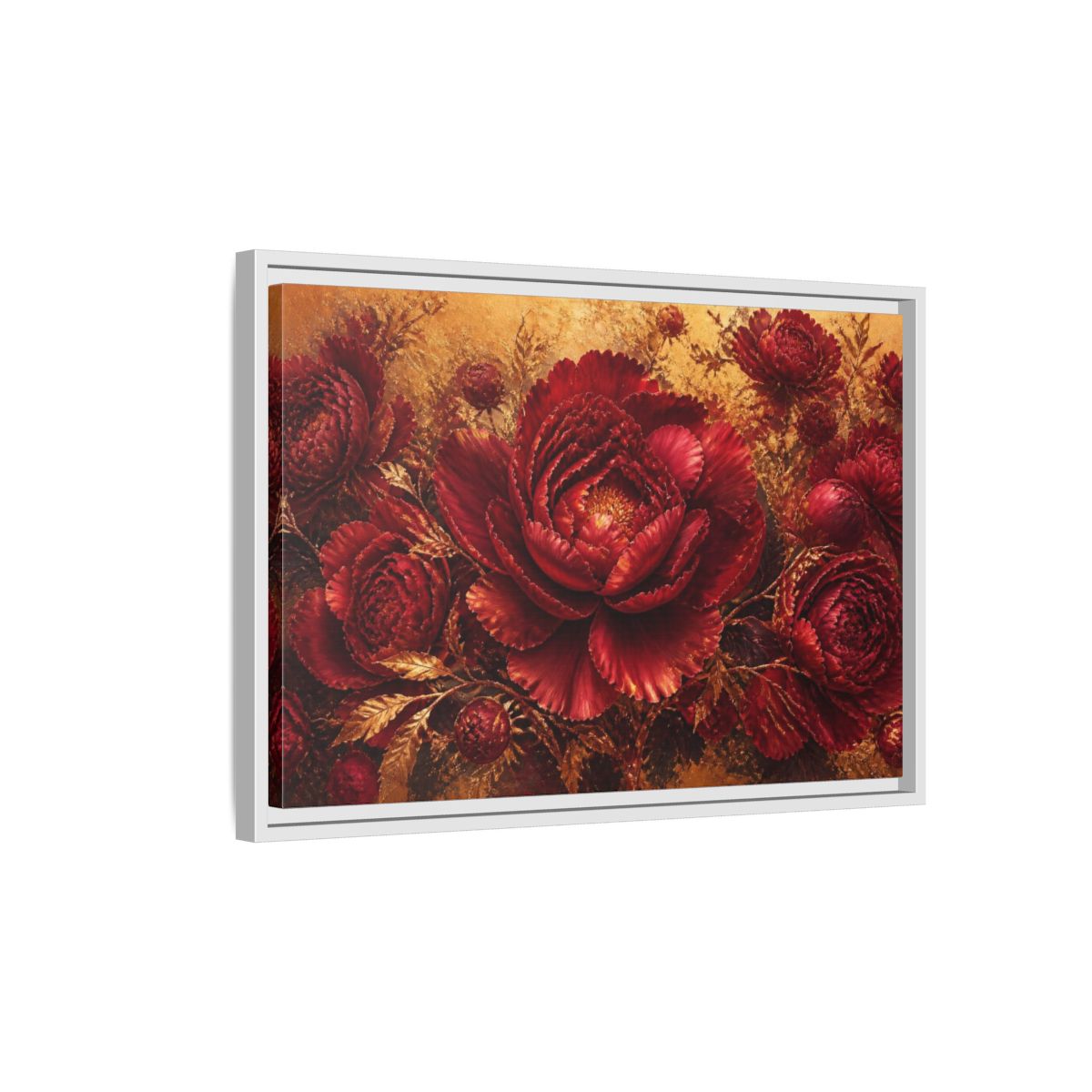 Side Mockup 1. Crimson Peony Floral Bloom shown as framed canvas print
