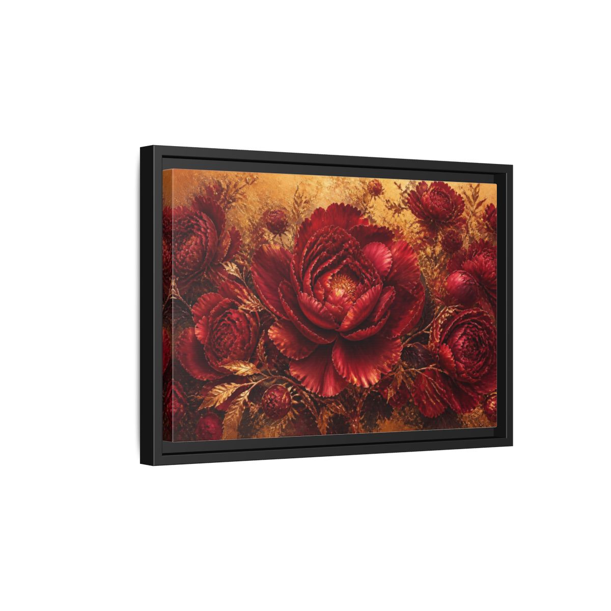 Side Mockup 6. Crimson Peony Floral Bloom shown as framed canvas print